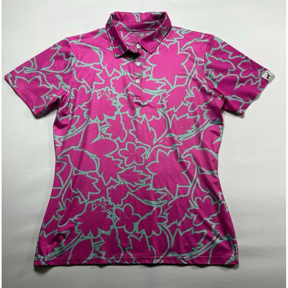Proud 90 Women's Short Sleeve Pink Green Floral Pattern Golf Polo Shirt - Size L - Picture 1 of 4